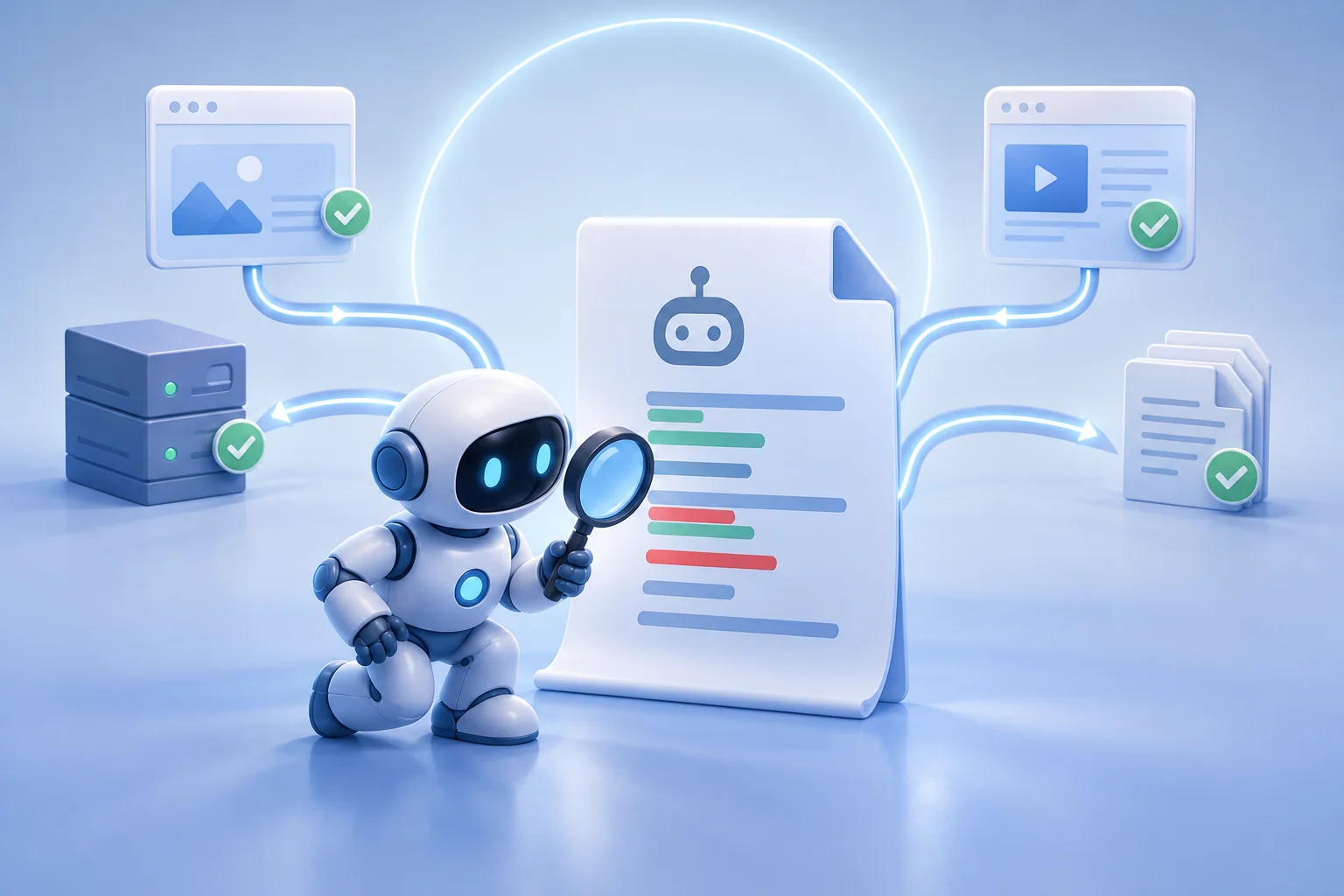 Робот-краулер с лупой проверяет правила robots.txt и страницы сайта.